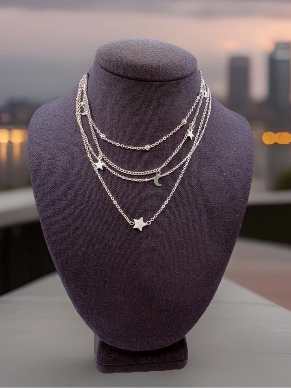 Set Of 2 Silver Tone Star And Moon Dangle Necklaces Multi Layer Stackable 14-15”